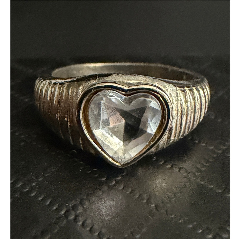Rhinestone Cocktail Ring Heart Silver Tone